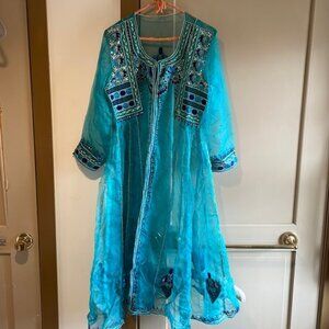 Turquoise Chiffon Sequin Beaded Embroidered Sheer Longsleeve Detailed Pakistani